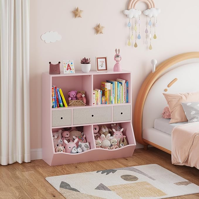 IDEALHOUSE 7-Cubby Large Kids Toy Storage Organizer, Children Wood Bookcase and - Image 3