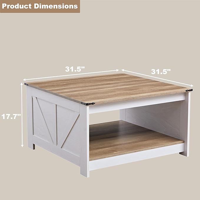 Farmhouse Coffee Table for Living Room, Wood Square Coffee Tables, 31.5" D x - Image 2