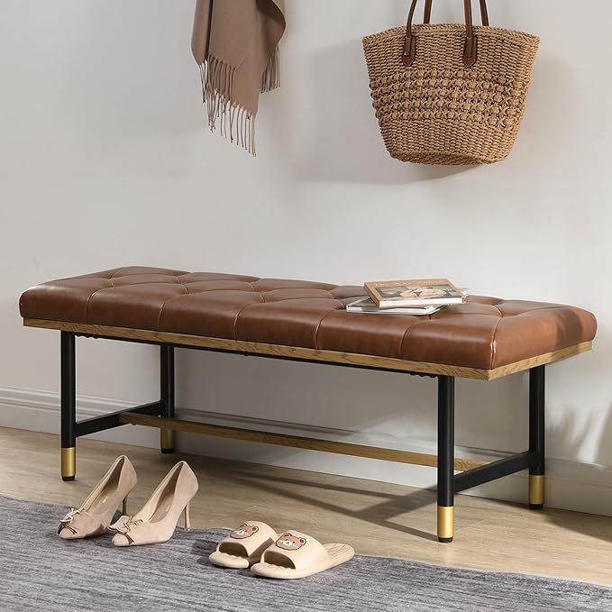 Modern Faux Leather Bench for Living Room and Bedroom, End of Bed Entryway Bench by FERFALDER