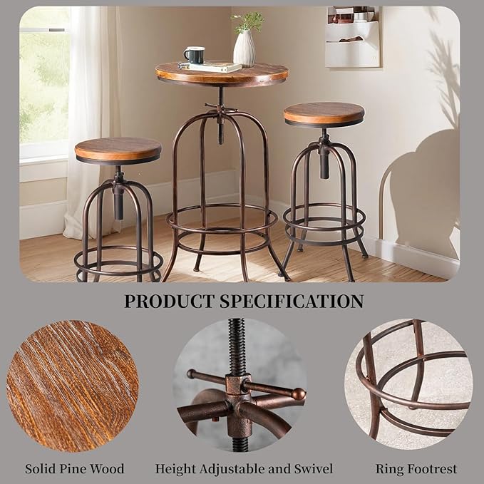 Vintage Bar Table Swivel Industrial Style Pub Table Kitchen Dining Tables - Image 3