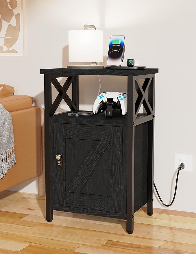 Wooden Nightstand with Charging Station, Bed Side Table with Drawers, Bedside - Image 2
