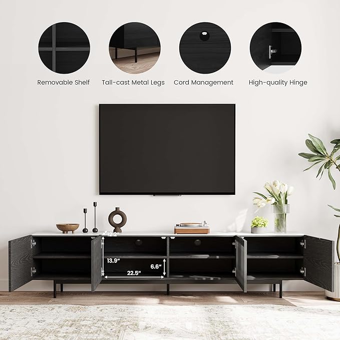 POVISON Mid Century Modern Sintered Stone TV Stand, Slatted Media Console TV - Image 4