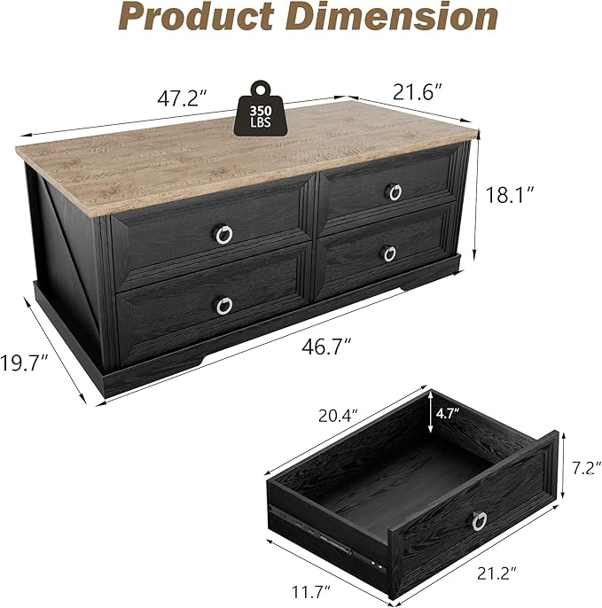 Rustic Coffee Table with Drawers 47 inch Living Room Tables with Storage - Image 2