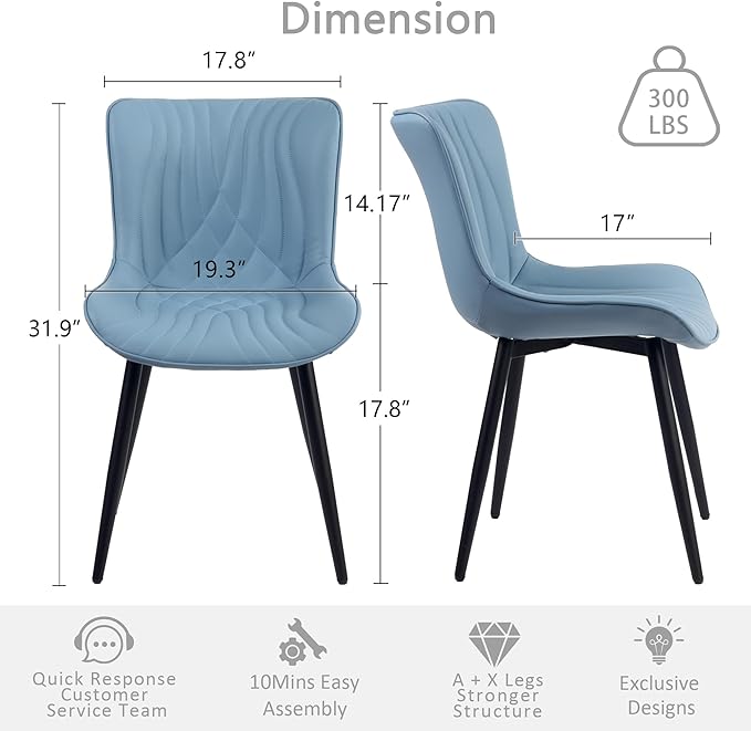 Kidol&Shellder Blue Dining Chairs Set of 2, Faux Leather Upholstered Mid - Image 3