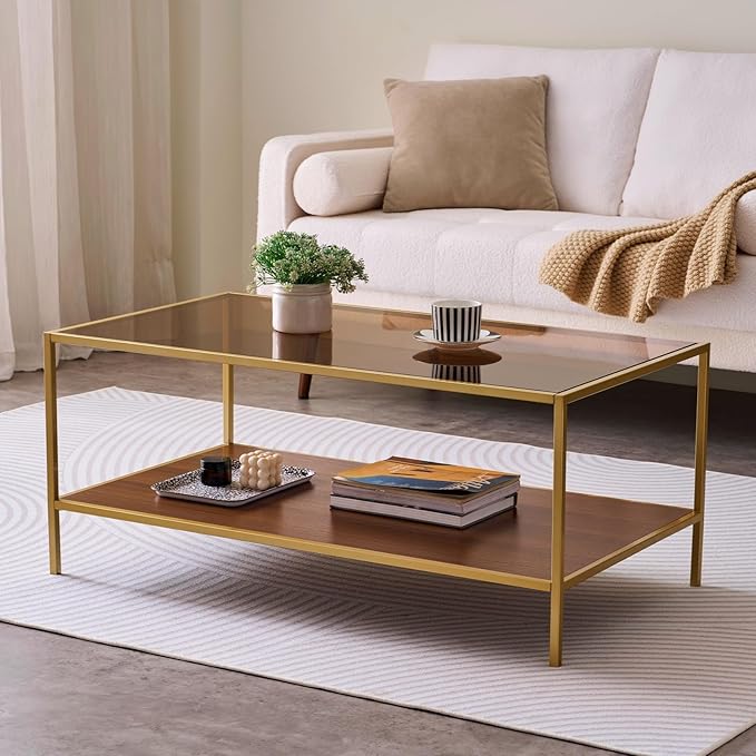 Glass Coffee Table for Living Room and Bedroom, 2-Tier Mid-Century Modern Table - Image 3
