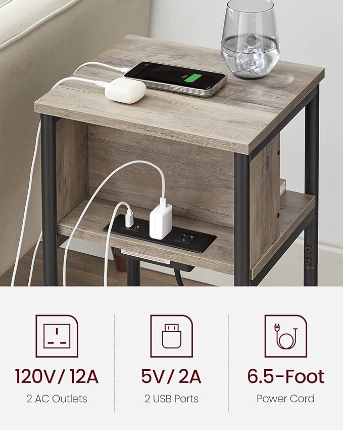 VASAGLE Side Table with Charging Station, 3-Tier End Table with USB Ports and - Image 5