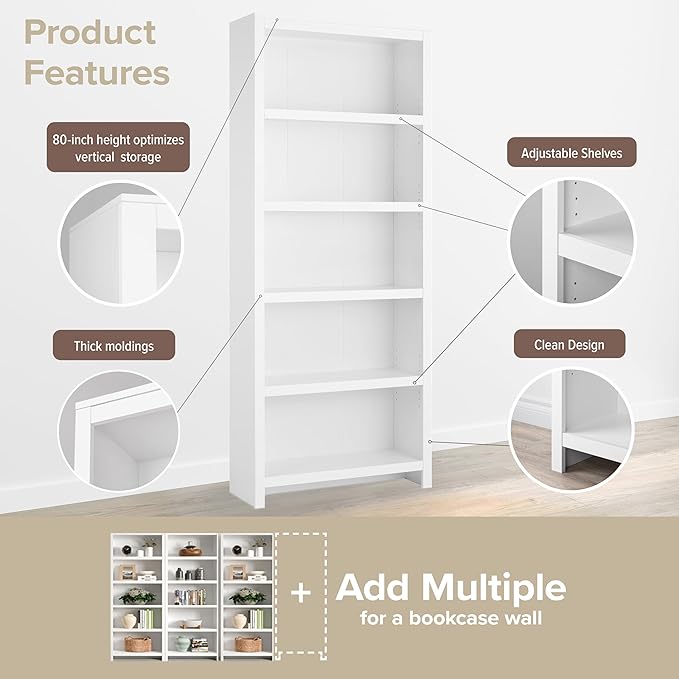 Prepac Moda 5-Tier Tall Wooden Bookcase, Display Cabinet, Bookshelf - Image 5