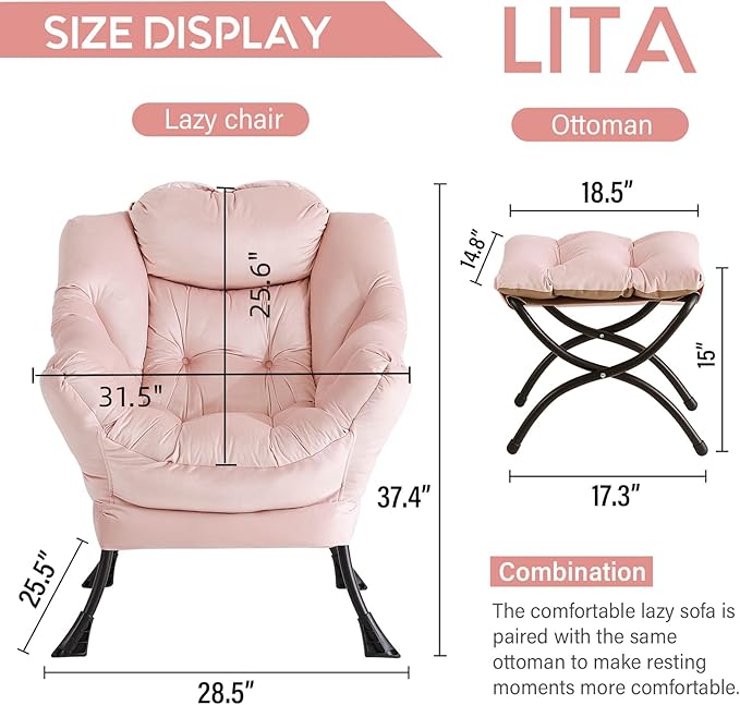 LITA Lazy Chair With Ottoman, Modern Accent Leisure Upholstered Sofa, - Image 3
