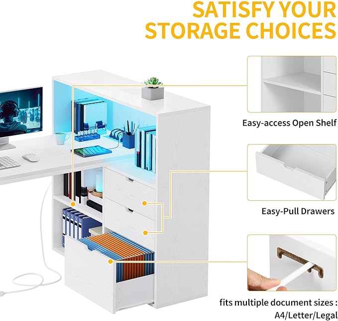 DWVO L Shaped Desk with Drawers, Home Office Desk with Storage Shelves - Image 6