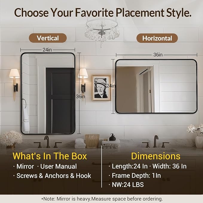 ANDY STAR Black Rectangle Mirror, 24x36 Inch Stainless Steel Metal Frame - Image 2