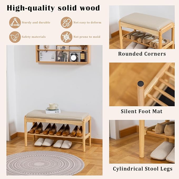 Shoe Bench, Entryway Bench, Wood 2-Tier Shoe Rack - Image 4