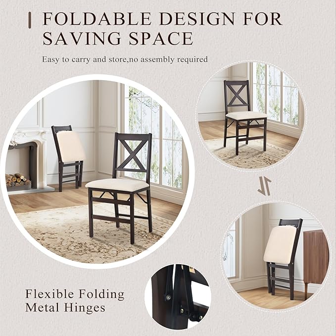 COLAMY Folding Dining Chairs Set of 6 – Beige Upholstered Wooden Dining Room - Image 4