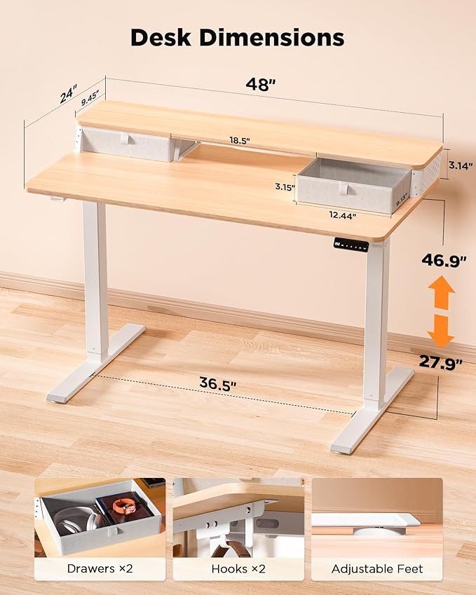 48x24 Inch Standing Desk with Double Drawers, C-Clamp Mount Compatible - Image 3