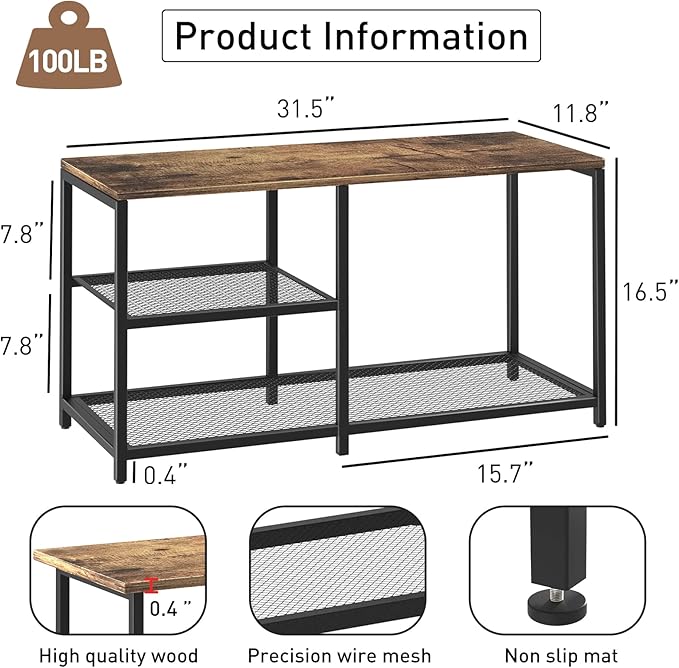 Rustic Wood Bench with 3-Tier Shoe Rack - Image 3