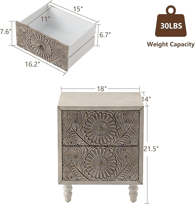 COSIEST 2 Pieces Nightstand, Vintage Style Wood Bedside Table, Bedroom - Image 3