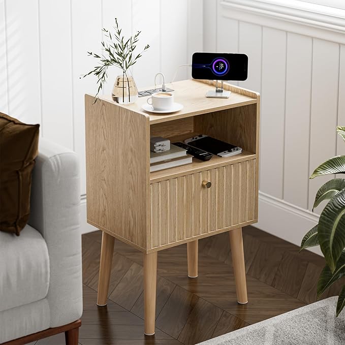 Side Table with Charging Station, Modern End Table with Fluted Drawer, Bedside - Image 2