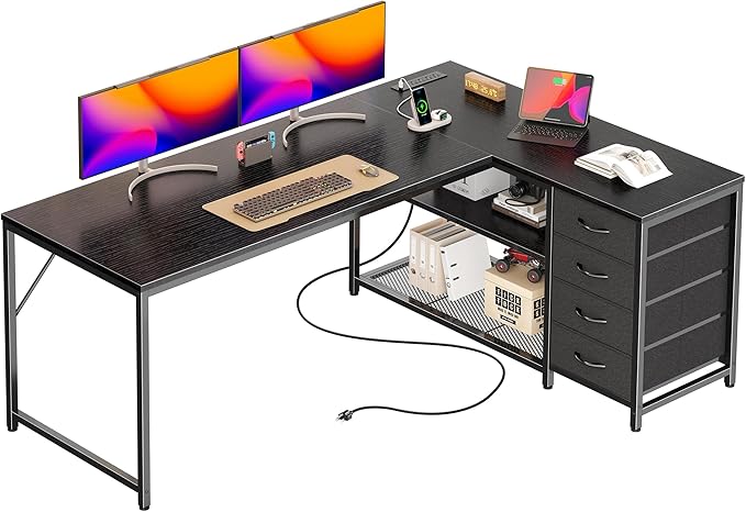 PRAISUN 61" L Shaped Desk with Power Outlets and USB-C Port, Reversible by PRAISUN