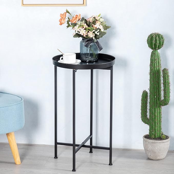 HollyHOME Small Round Metal Waterproof End Table, Accent Indoor&Outdoor Coffee - Image 2