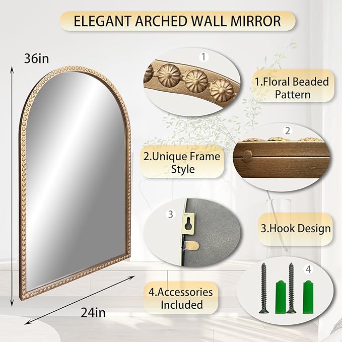 Gold Arched Mirror, Metal Beaded Frame Decorative Accent Mirror, Ornate Vintage - Image 4