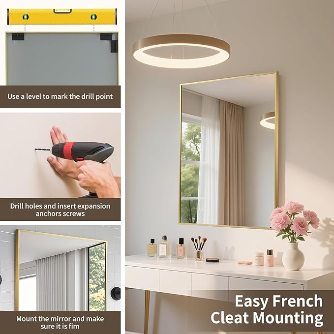 Brushed Gold Mirror, 40x30 Inch Aluminum Framed Rectangle Mirror, Tempered Glass - Image 6