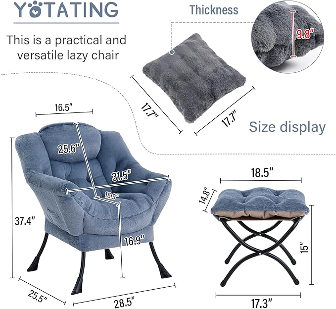 Lazy Chair with Ottoman, Comfy Reading Chair with Footstool & Throw Pillow - Image 3