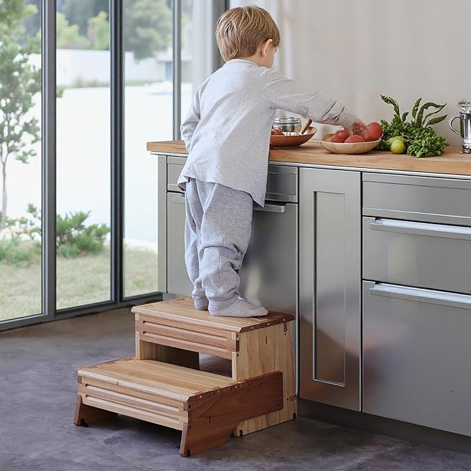 16" Wooden Two Step Stool for Adult & Kid, Deeper & Safer Bedside Steps - Image 6