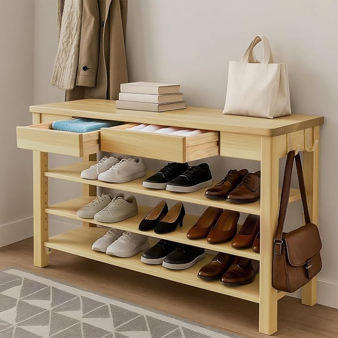 Wood Shoe Bench Entryway with Drawer: 3-Tiers Wooden Storage Shoe Rack with by Unknown
