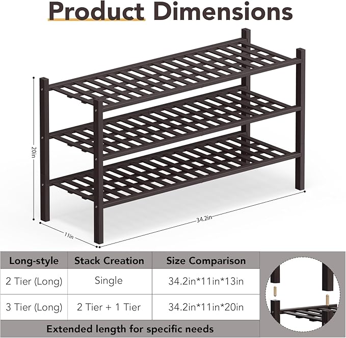 Haddockway Long 3 Tier Bamboo Shoe Rack Storage Organizer, Small Space - Image 3