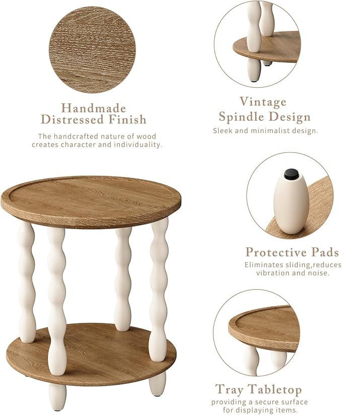 Round End Table, 2-Tier Farmhouse End Table, 18.5'' Handcrafted Weathered Look - Image 4