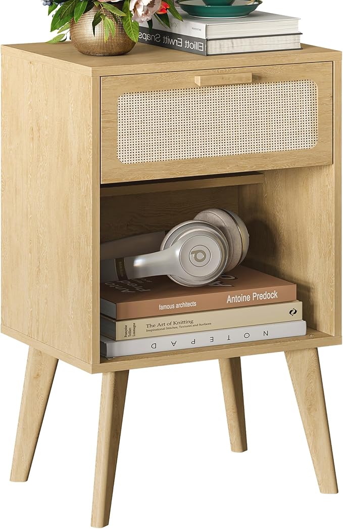 Rattan Nightstand with Opening Storage, Boho Bedside Table with Drawer by YAUKOMEL