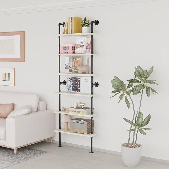 Pipe Shelves, Wall Mounted Wood Metal Industrial Shelves, Ladder Bookshelf - Image 9