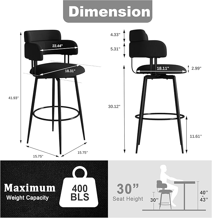 Swivel Bar Stools Set of 2, Counter Height Bar Stools - Image 2