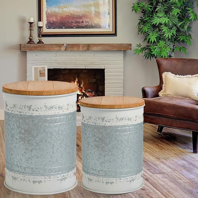 Glitzhome Farmhouse Accent Side Table, Metal Storage Stool Ottoman by Glitzhome