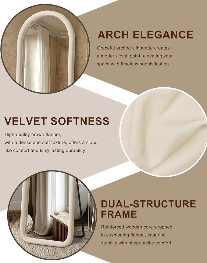 Delma Arched Full Length Mirror, Free Standing Floor Velvet Frame Mirror - Image 5