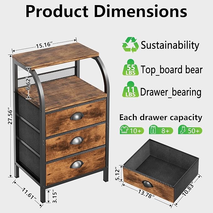 Night Stand Nightstand with Drawer Nightstands Storage Night Stands 3 Drawers - Image 2