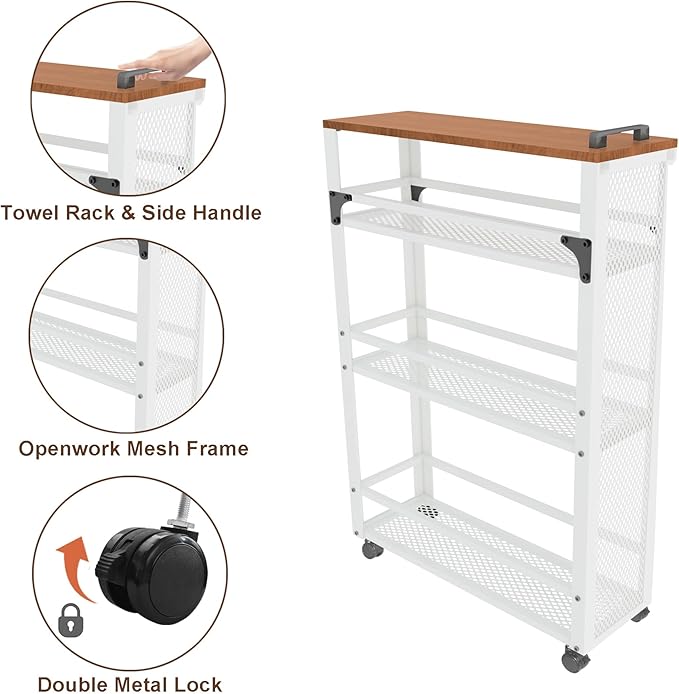 2025 New, Slim Kitchen Storage Cart, 3 Tier Metal Rolling Utility Cart Mesh - Image 4