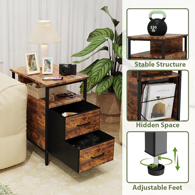 End Table with Charging Station, Narrow Side Table with 2 Fabric Drawer & - Image 4