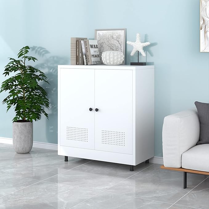 Metal Storage Cabinet with 2 Doors and Adjustable Shelf, Free Standing Accent - Image 2