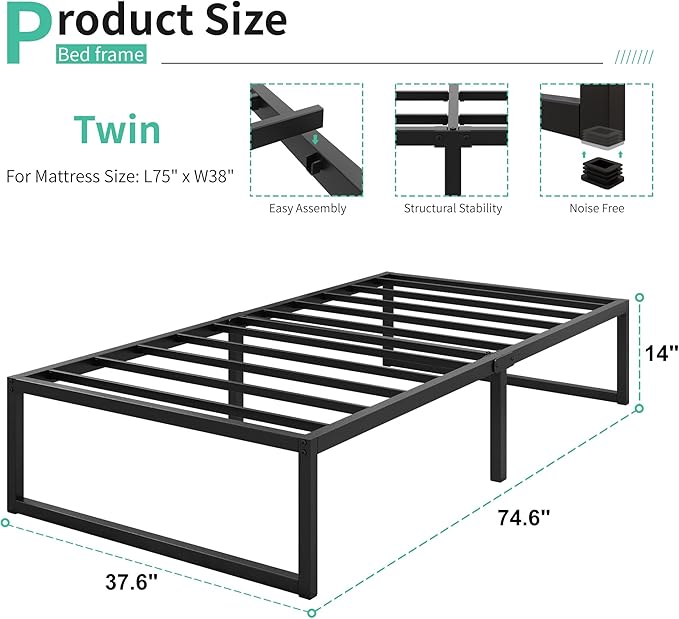 14 Inch Twin Bed Frames Heavy Duty Metal Twin Size Platform Bed Frame No Box - Image 2