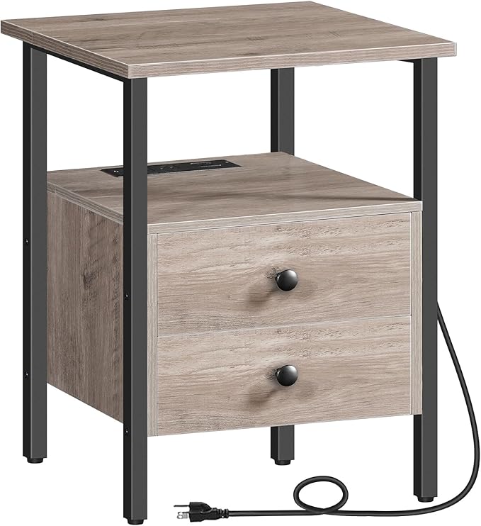 HOOBRO End Table with Charging Station, Nightstand with 2 Drawer & USB Ports & by HOOBRO