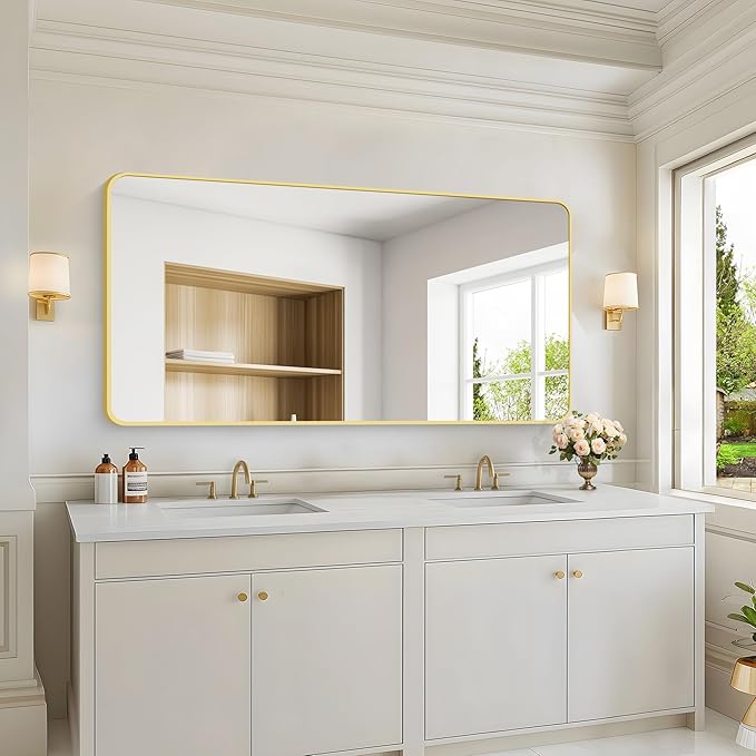 55x30 Inch Gold Bathroom Mirror, Metal Framed Gold Rectangle Mirrors, Rounded - Image 6