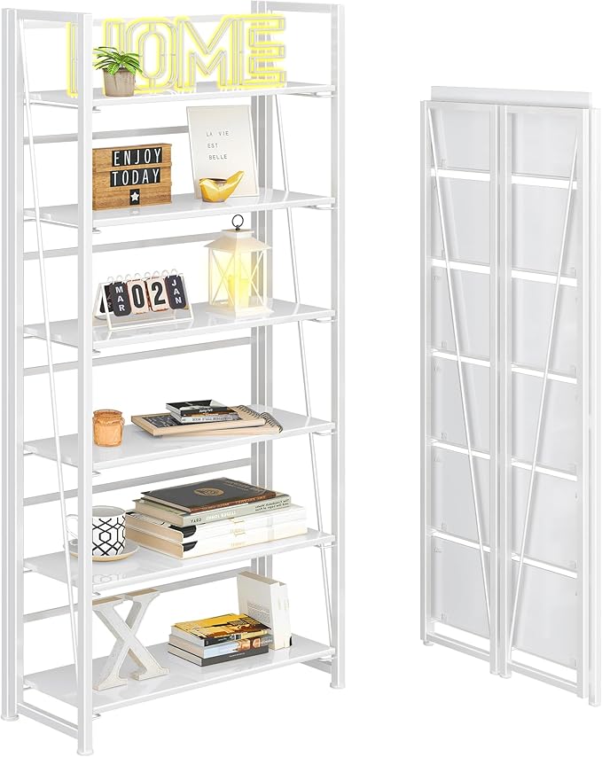 4NM No Assembly Folding Bookshelf, 6-Shelf 74" H Collapsible Foldable Bookcase by 4NM