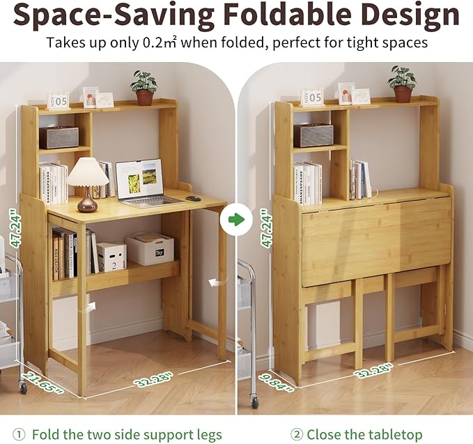 Bamboo Folding Desk with Storage Rack Mid Century Modern Desk - Image 2