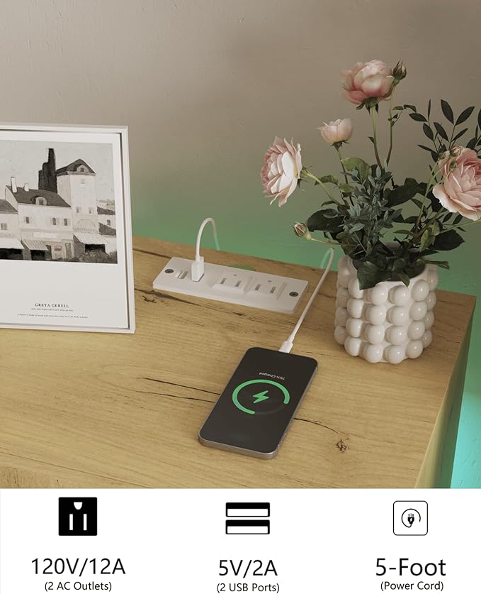 Nightstand with Charging Station and LED Lights, Modern Bedside Table with 2 - Image 5