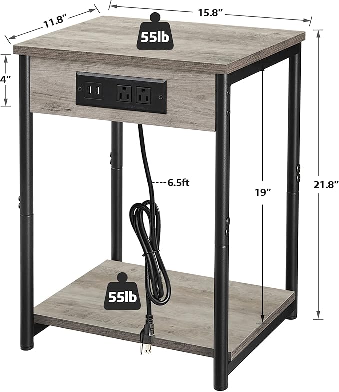 TUTOTAK End Table with Charging Station, Side Table with 2 USB Ports and 2 - Image 7