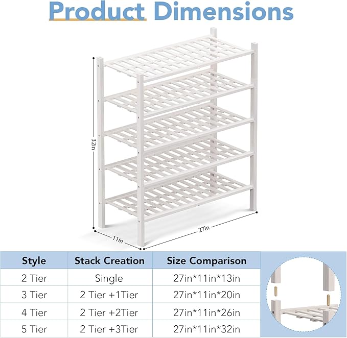 Haddockway 5 Tier Bamboo Shoe Rack Storage Organizer, Small Space 27"x11"x32" - Image 3