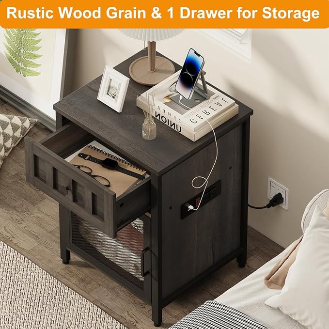 FATORRI End Table with Charging Station, Farmhouse Side Table with Drawer - Image 3