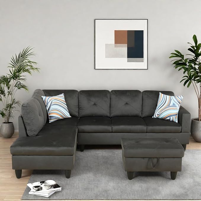 L-Shaped Sectional Sofa with Ottoman, Right-Facing Modern Microfiber Couch - Image 7