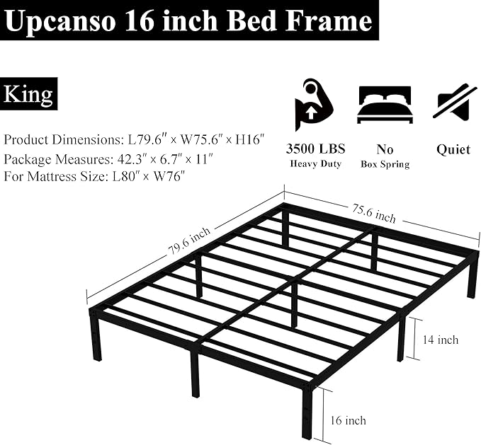 16 Inch King Bed Frame Heavy Duty Metal Platform King Size Bed Frames - Image 3