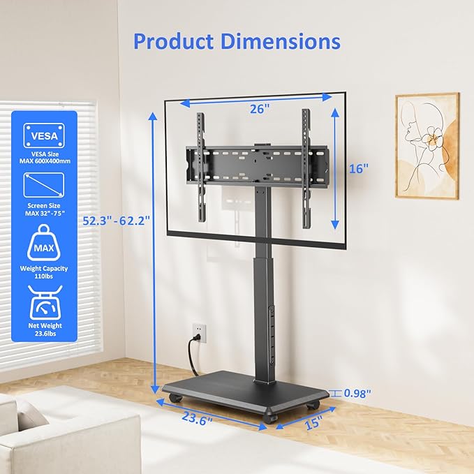 Rolling TV Stand with Power Outlet, Mobile TV Stand - Image 8